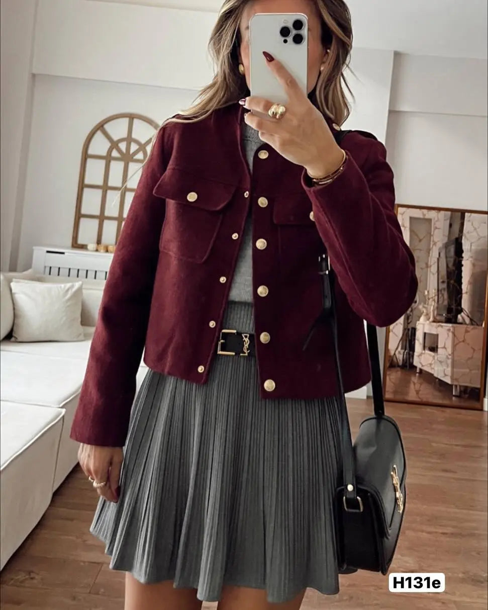 ZBZA Women's Retro Wine Red Cropped Jacket Stand Collar Long Sleeve Buttoned Epaulettes Patch Pocket Coat Fall Winter New Jacket.