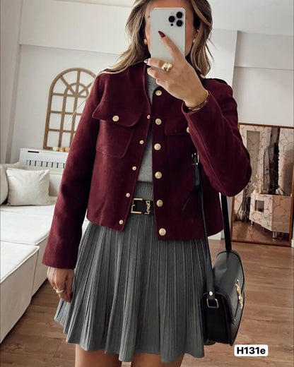 ZBZA Women's Retro Wine Red Cropped Jacket Stand Collar Long Sleeve Buttoned Epaulettes Patch Pocket Coat Fall Winter New Jacket.