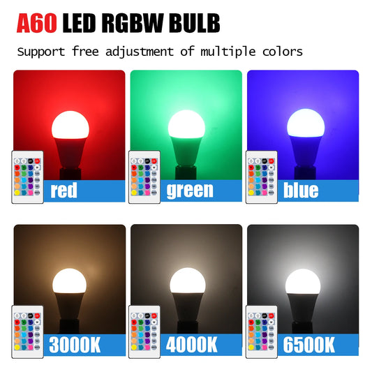 E27 RGB LED Light Bulb 220V 10W with IR Color Changing Control Remote Multicolor + White Lamp Spotlight for Bedroom Party Home.