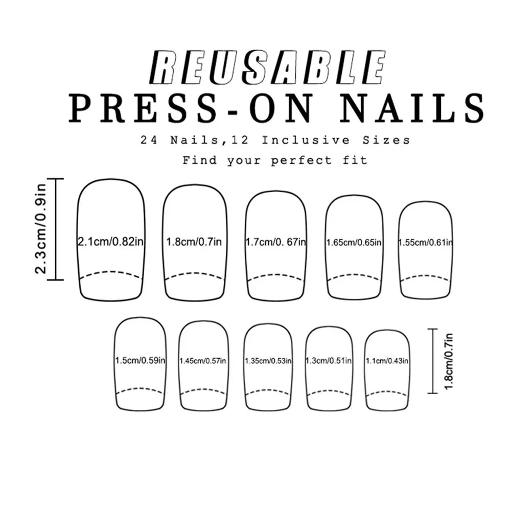 24pcs/set Medium long square fake nails for women girls cute heart flowers feather butterfly design press on false nail art tips.