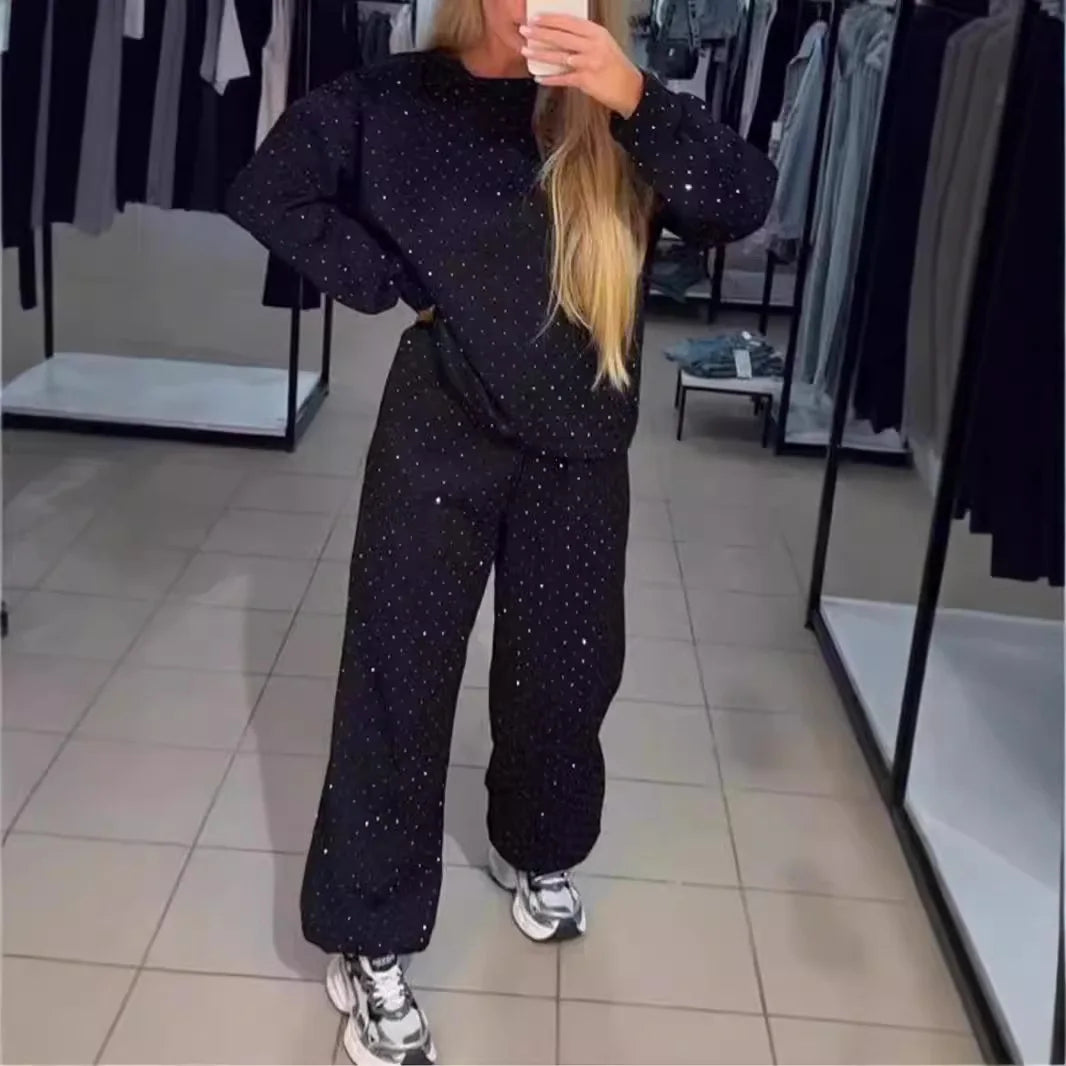 Fall Winter Rhinestone Shiny Loose Fit Set Women O Neck Sweatshirt Pullover Tie-up Pants Tracksuit Retro Loose Sport 2 Pice Set.