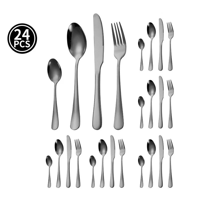 24pcs Golden Tableware Set Light Luxury Stainless Steel Cutlery Fork Knife Spoon Dinnerware Set Minimalist Decor with Gift Box
