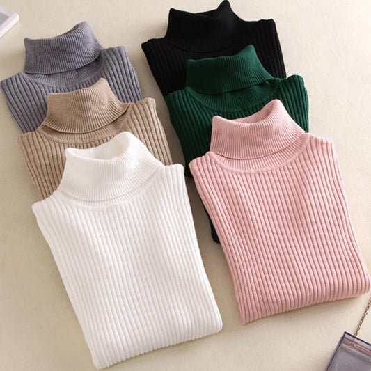 Neue Herbst Winter Frauen Gestrickte Rollkragenpullover Casual Weiche Polo-neck Jumper Mode Schlanke Elastizität Solide Rippen Pullover