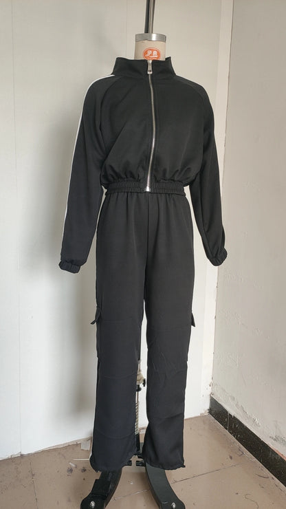 Sports Trousers Loose White Casual Women's Set Fashion Zipper High-waisted Hoodie + Wide-leg Overalls 2-piece Sweatshirt Suit.