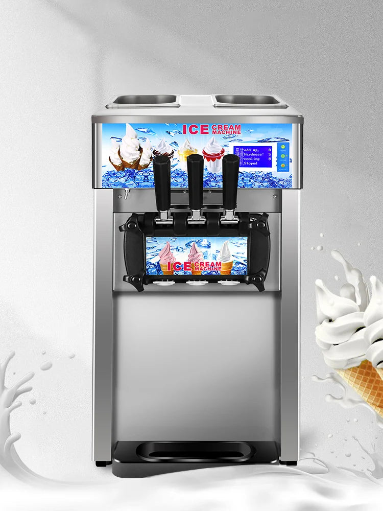 SIHAO Commercial Soft Serve Ice Cream Machine - Tri-Flavor 18L/H with LCD Display & One-Touch Cleaning for Dessert Shops, Cafes.