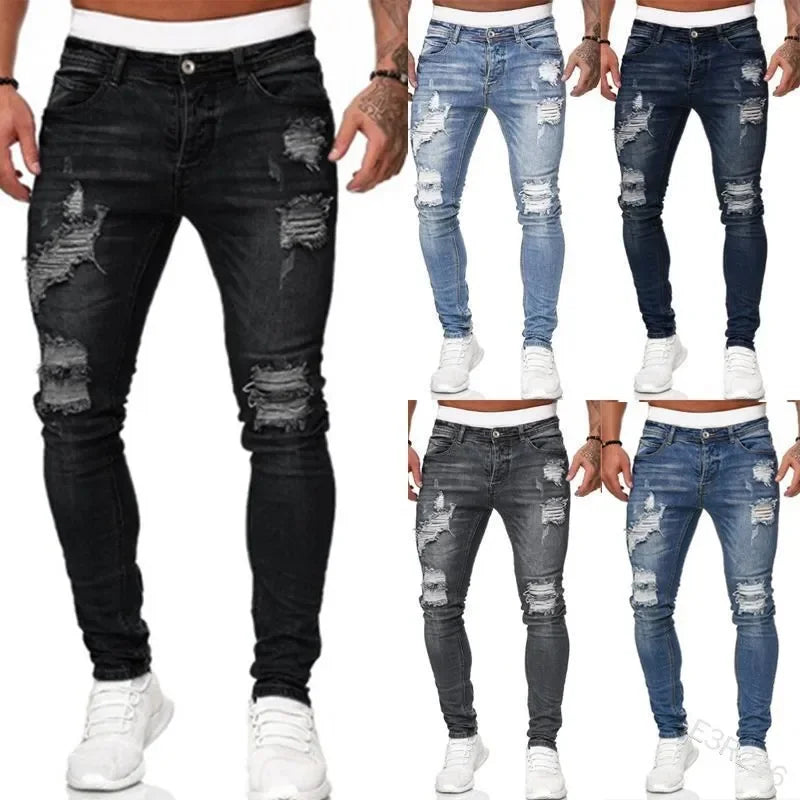 Zerrissene mittlere Taille Slim Fit Herren Jeans Vintage Denim Punk Wash Solid Punk Style Skinny Bleistifthose Distressed Holes Knöchellänge.