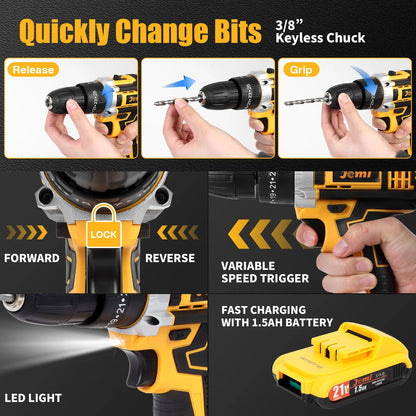Jemi Tool 12 V/21 V Akku-Bohrschrauber, 45 Nm Schlagbohrmaschine, 25+3 Drehmomenteinstellung, mit 45 optionalen Zubehörteilen