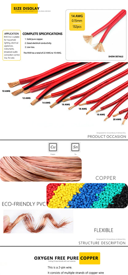 2 pin wire Electric Cable Strand Copper Wire Flat Flexible Cable For Car Light Lamp Speaker Audio Signal 14 16 18 19 20 22 AWG.