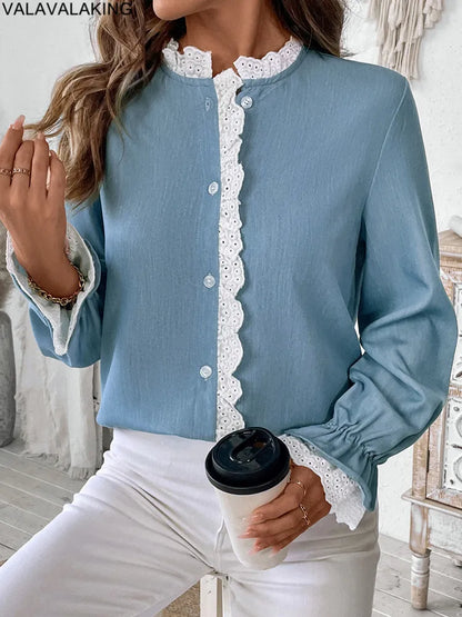 2025 Autumn Female Solid Ruffle Shirt Women Casual Lantern Long Sleeve Top Spring Office Lady Single Breasted Tops Clothes.