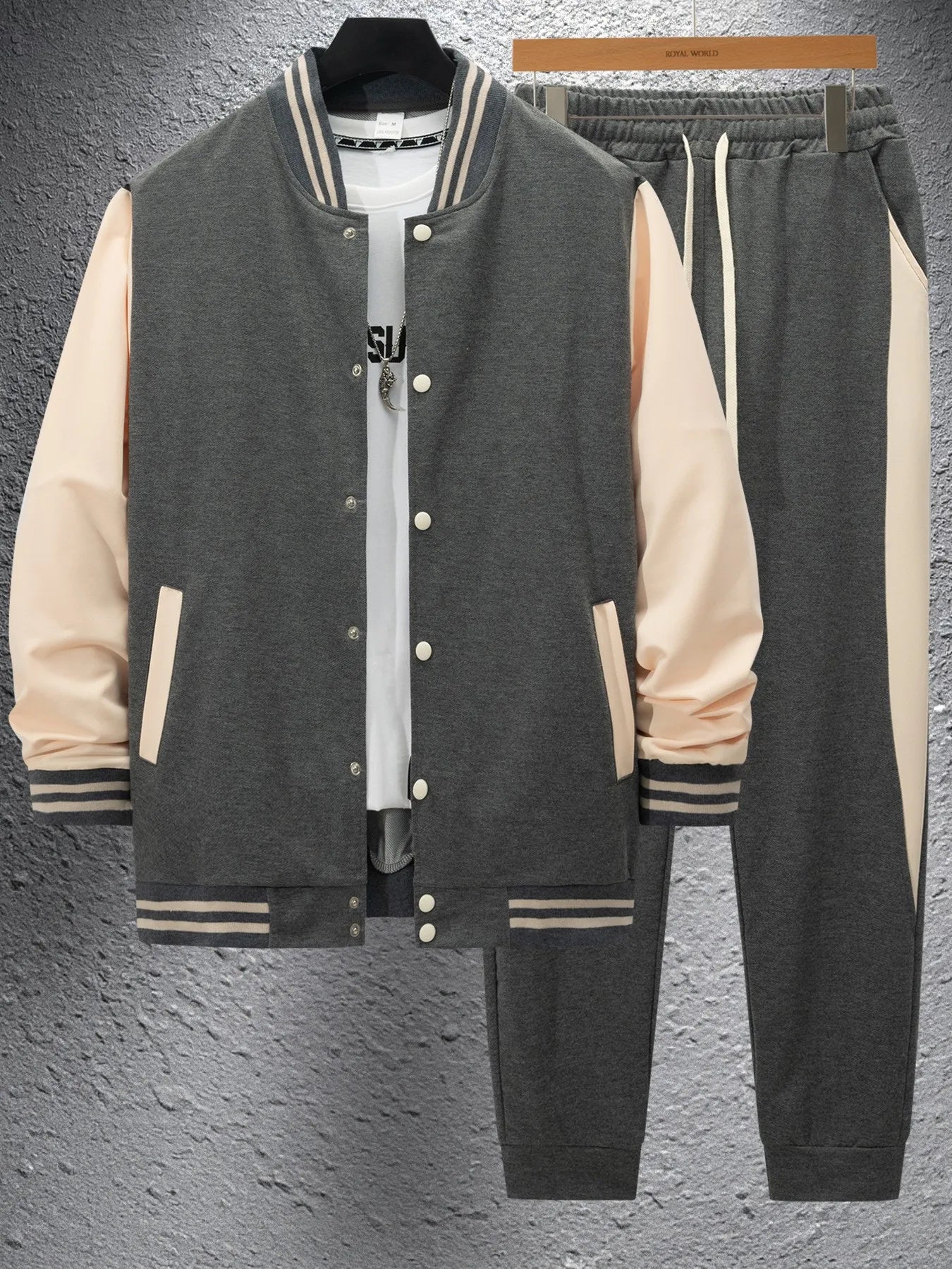 Men's new autumn and winter baseball jacket casual and versatile cardigan coat and color-block sport pants set.