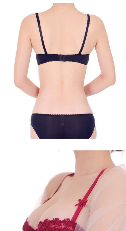 Plus Size Sexy Half Cup Lace Bra Sheer Mesh Unlined Bralette for Women A D Cup, Invisible Push Up Underwire Lingerie Set.