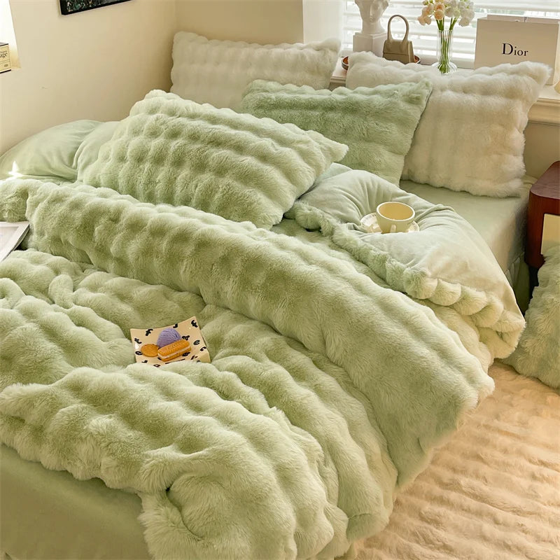 Luxury Faux Rabbit Fur Velvet Fleece Plush Soft Warm Bedding Set Super Comfortable Duvet Cover Set Blanket Bed Sheet Pillowcases