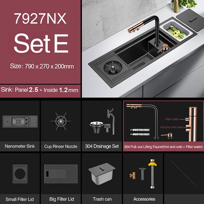 Nanometer Black Hidden Cup Rinser Bar kitchen Sink SUS 304 Stainless Steel Handmade Cup Washer Bar kitchen Sinks With Trash Can