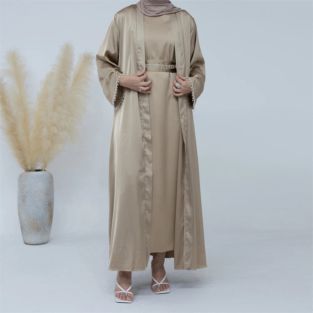 Ramadan Kebaya Chain Satin Kimono 2 Piece Abaya Set Turkey Islam Dress Muslim Sets Abayas For Women Robe Femme Musulmane Kaftan.