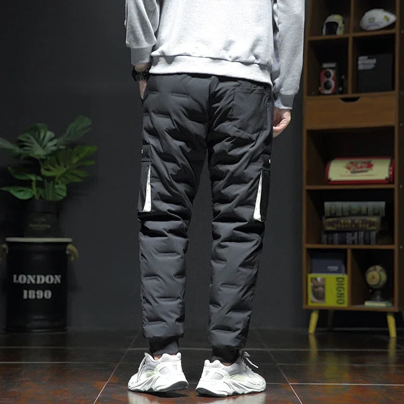 Men's Winter Pants Duck Down Padded Pants Thick Warm Black Loose Jogger Windproof High Waist Elastic Thermal Down Trouser Male
