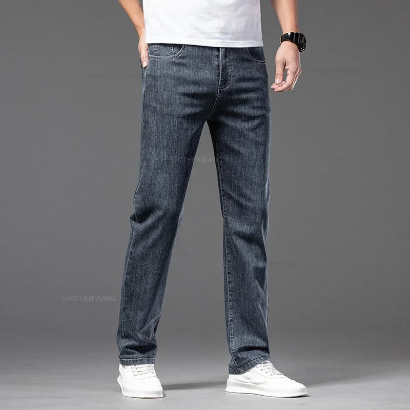 Spring Summer Thin Men's Classic Jeans Elastic Loose Straight Cotton Casual Denim Trousers Brand Clothing Business Male Pants.