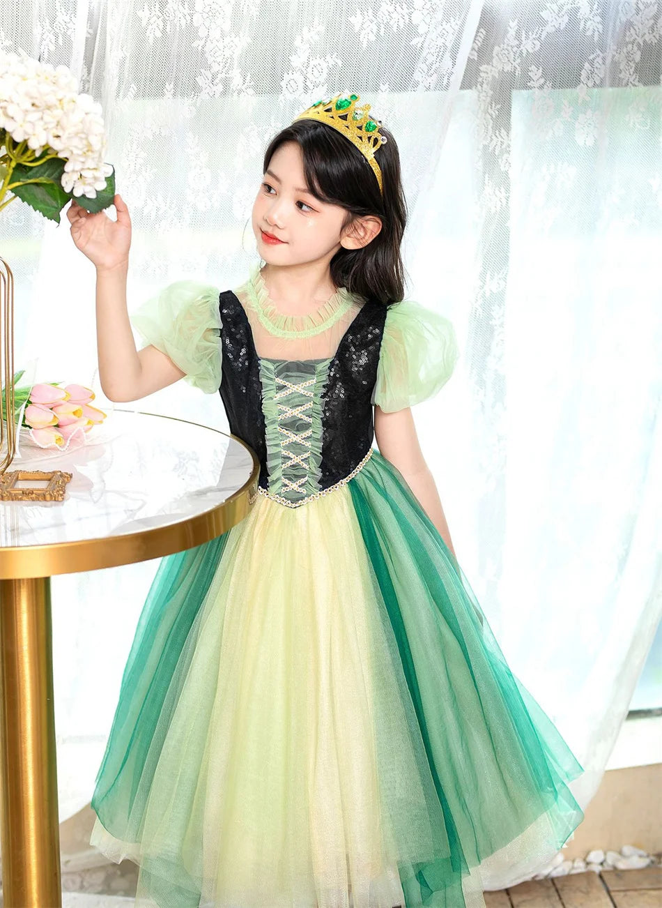Anna Grünes Kleid Mädchen Spitze Tüll Elegantes Kleid Kinder Bühnenshow Prinzessin Kostüm Kinder Purim Cosplay Kleidung.