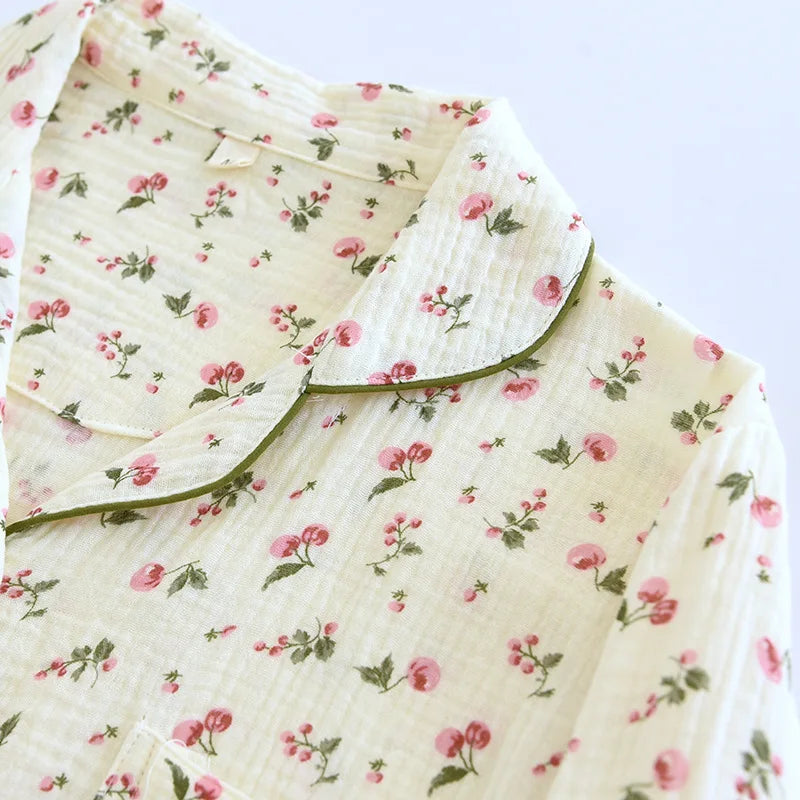 2025 Spring and Autumn Women's Pajama Set 100% Cotton Crepe Long sleeved Pants Two piece Cute and Sweet Home Fury Set Ladies.