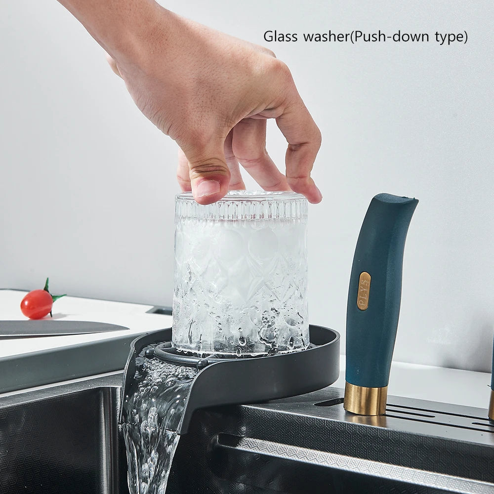 Wasserfall-Küchenspüle aus Edelstahl 304, großes Einzelschlitz-Wasserhahn-Set mit integrierter Digitalanzeige, Seifenspender, 75 x 45 cm