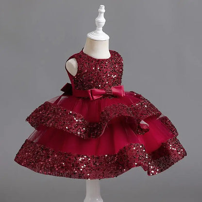 Sommer Neue Perlen Fliege Pailletten Mesh Kinder Ärmelloses Abendkleid Schule Abschlussfeier Multi Layered Kleid