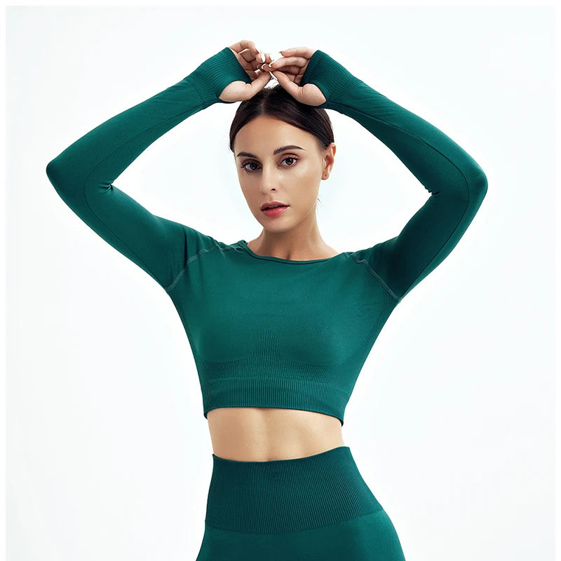Women's Shirt Seamless Crop Top Fitness Shirts Long Sleeve Sports Top Woman Yoga Tops Activewear With Thumb Hole Sportswear.