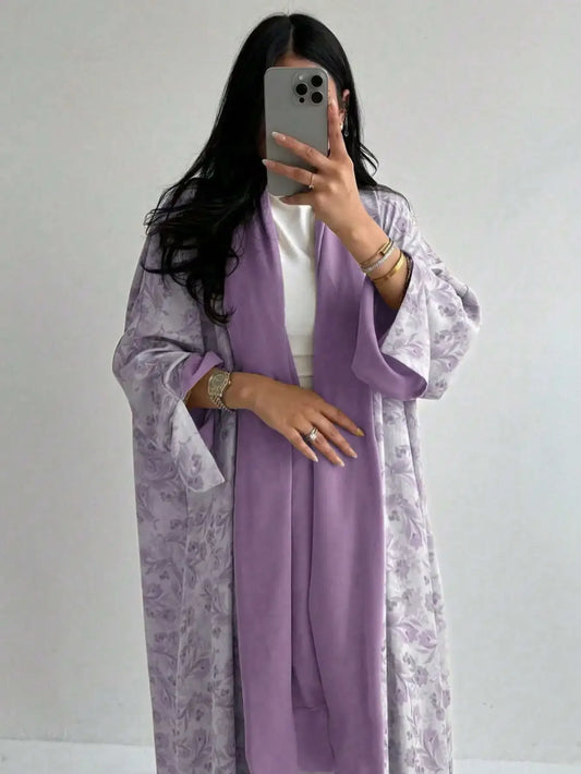 Lockeres, mit Blumenmuster bedrucktes Abaya-Langarmkleid für den orientalischen Nahen Osten für Damen, elegante Robe mit offener Vorderseite ohne Schal