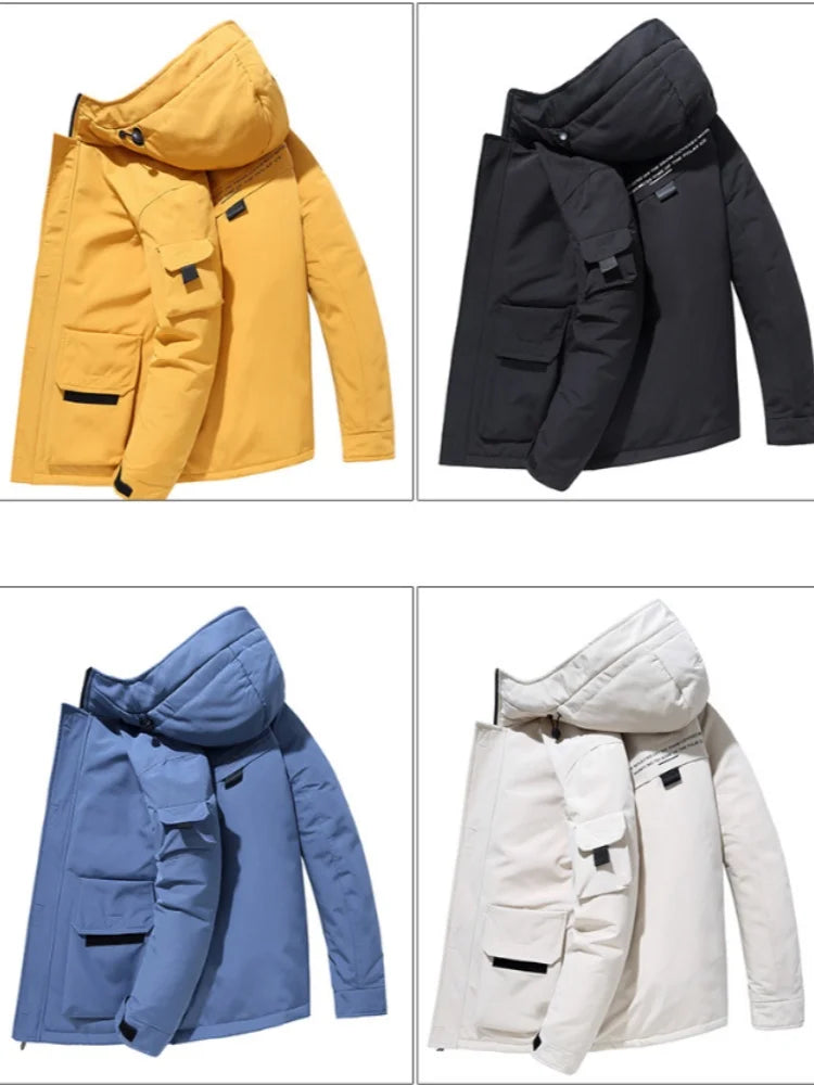 2025 new men's workwear down jacket, winter hooded warm jacket, multi pocket windproof down jacket, trendy down jacket.