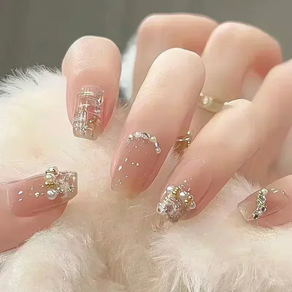24pcs Detachable Short Press on Nails Y2k rhinestone False Nails with Glue Ballet Sweet Cool Girls Artificial False Nails Tips.