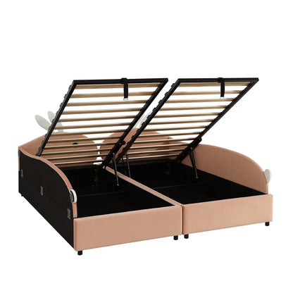 Polsterbett, Einzelbett, Babybett, niedlicher Hasenkopf, hydraulisches Bett mit Stauraum, erhöhter weicher Zaun, Samt, rosa + weiß, 90 x 200 cm