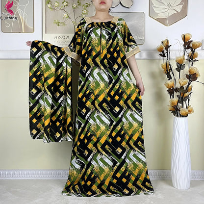 New Muslim Dubai Elegant Dress Summer Short Sleeve African Abaya Printing Cotton Loose Femme Robe Islamic Dresses With Scarf