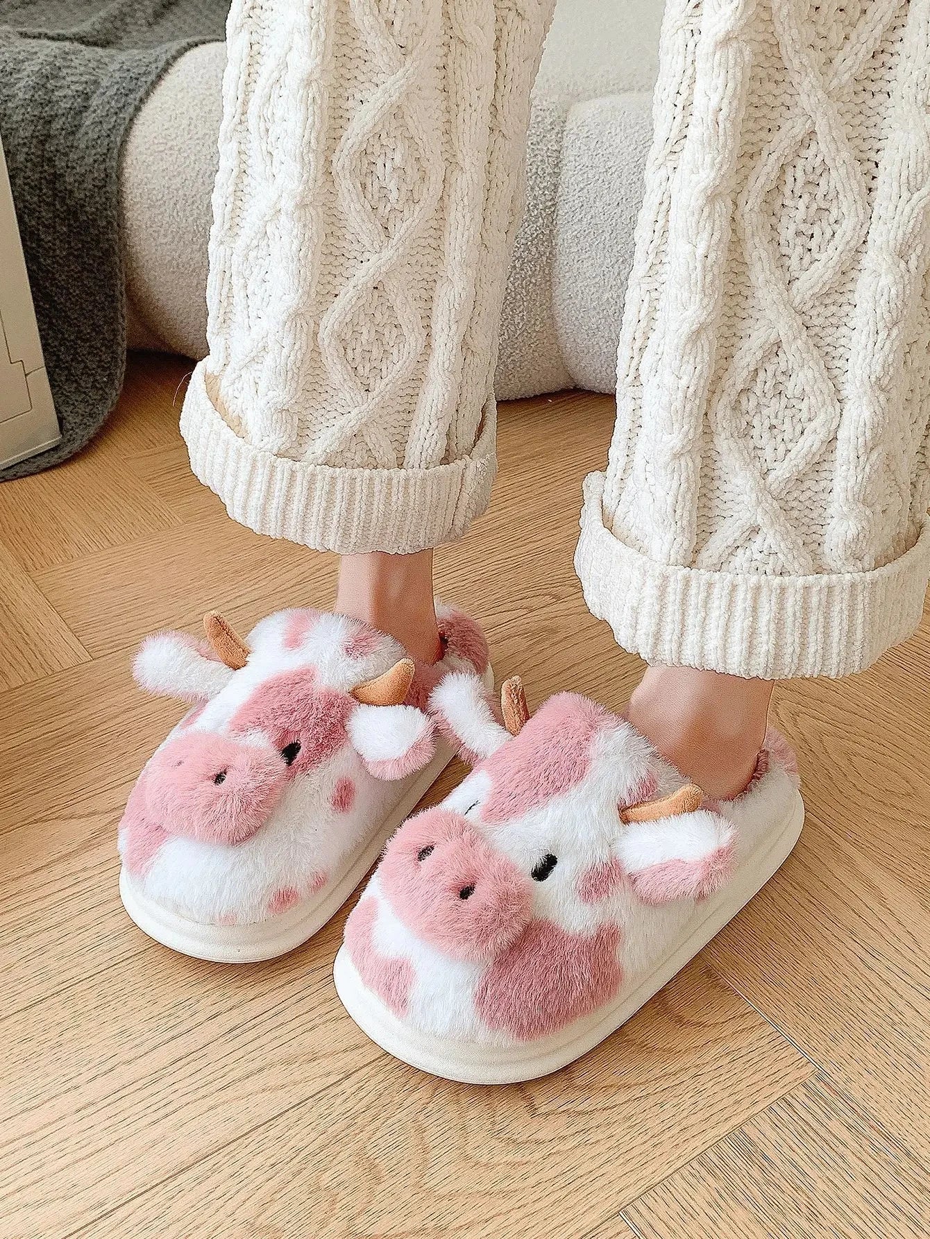 Shevalues Plush Cartoon Milk Cow Slippers Winter Women Slippers Furry Non-Slips Women Cotton Slides Couples Soft Cozy Flat Shoes