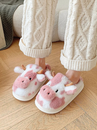 Shevalues Plush Cartoon Milk Cow Slippers Winter Women Slippers Furry Non-Slips Women Cotton Slides Couples Soft Cozy Flat Shoes