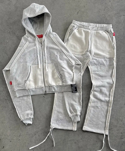 Y2k Tracksuit Men Letter Pattern Embroidered Pocket Patchwork Clothes for Men Harajuku Zipper Hoodies Sweatpants Two Piece Set.