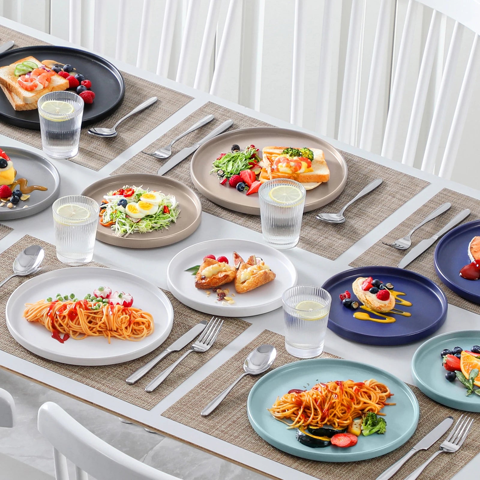 VANCASSO 6Piece Beige/WHITE/BLUE/Dark Blue/GREY/Black Stoneware Tableware Set with Dinner/Dessert Plate/Bowl For 6 Person.