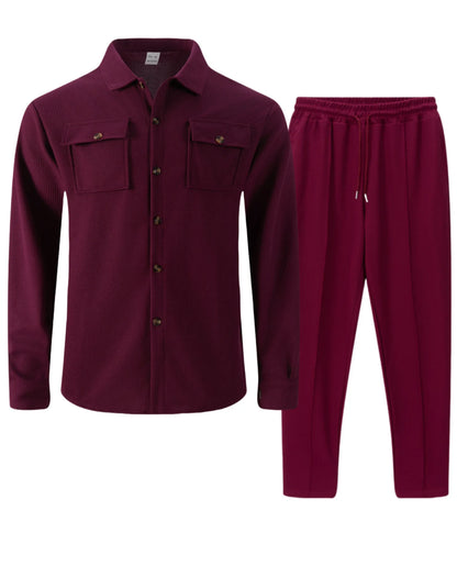 2025 Men's Autumn Casual Street Sport Two-Piece Fashion Solid Color Double-Pocket Collar Buttoned Long-Sleeved Shirt + Pants Set.