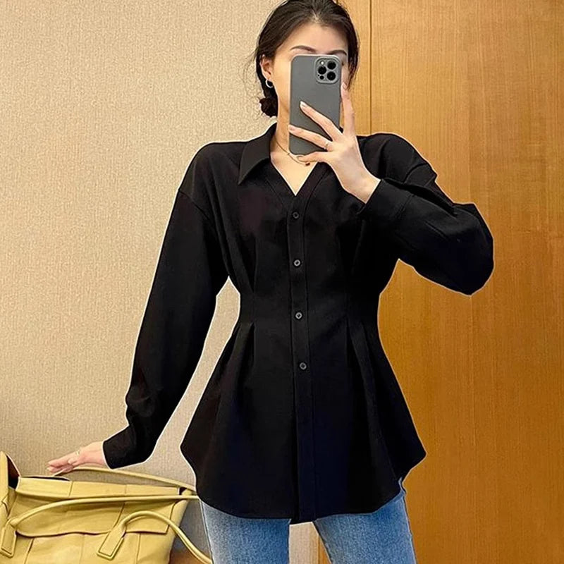 Waist Cinched Slimming Long Sleeve Shirts Women Spring Autumn All-Match Single Breasted Chic Shirt New Temperament Solid Tops.