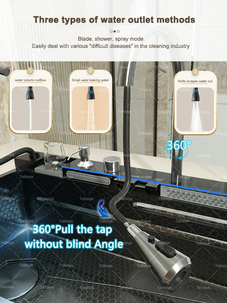 Various Waterfall kitchen Sink  Stainless Steel Multifunctional Large Single Slot Digital Display Sinks