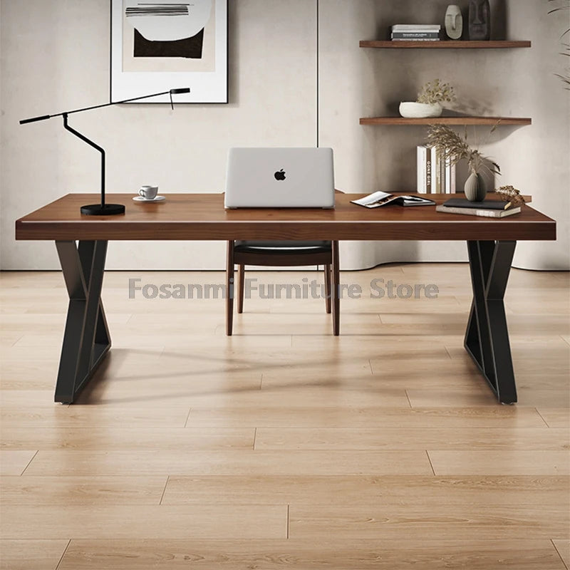 Minimalistischer langer Massivholztisch für das Heimbüro, große Arbeit, Gaming, Arbeitszimmer, Schreibtische für zwei elegante Räume, Computertisch mit Stahlbeinen