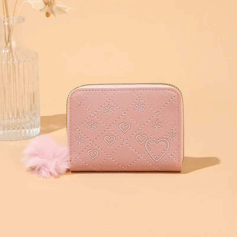 Women Fashion Zipper Wallet with Hairballs Simple Versatile Short Coin Purse Multi-Functional Multi-Card Slot Card Bag