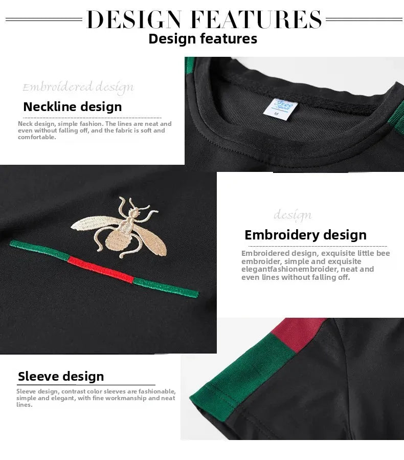 Casual Embroidered Short Sleeve Long Pants Set round Neck Two Piece Set Men's Fashionable Korean Style Spring Autumn Wear.