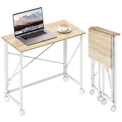 Homcom Klappschreibtisch mit Rollen und widerstandsfähiger Struktur, ideal für Büro und Arbeitszimmer, 80 x 40 x 75 cm, Natur