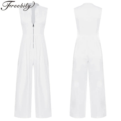 Women High Waist One Piece Sleeveless Jumpsuit Wide Leg Rompers Office Lady Commute Work Casual Dressy Jumpsuits Long Pants.