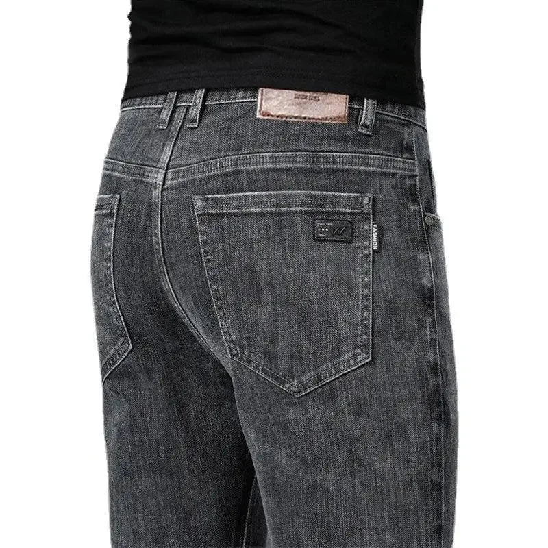 Loose Casual Jeans for Men Mid-aged Thick Winter Long Pants Business Style Straight Leg Spring Autumn Korean Version.