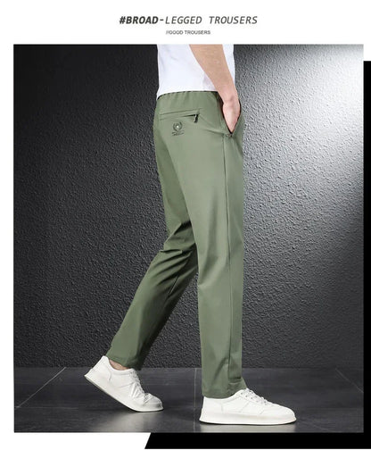 2024 Summer Soft Ice Silk Fabric Men's Thin Casual Pants Korean-style Fashion  Straight High Stretch Trousers Male Luxury Brand.