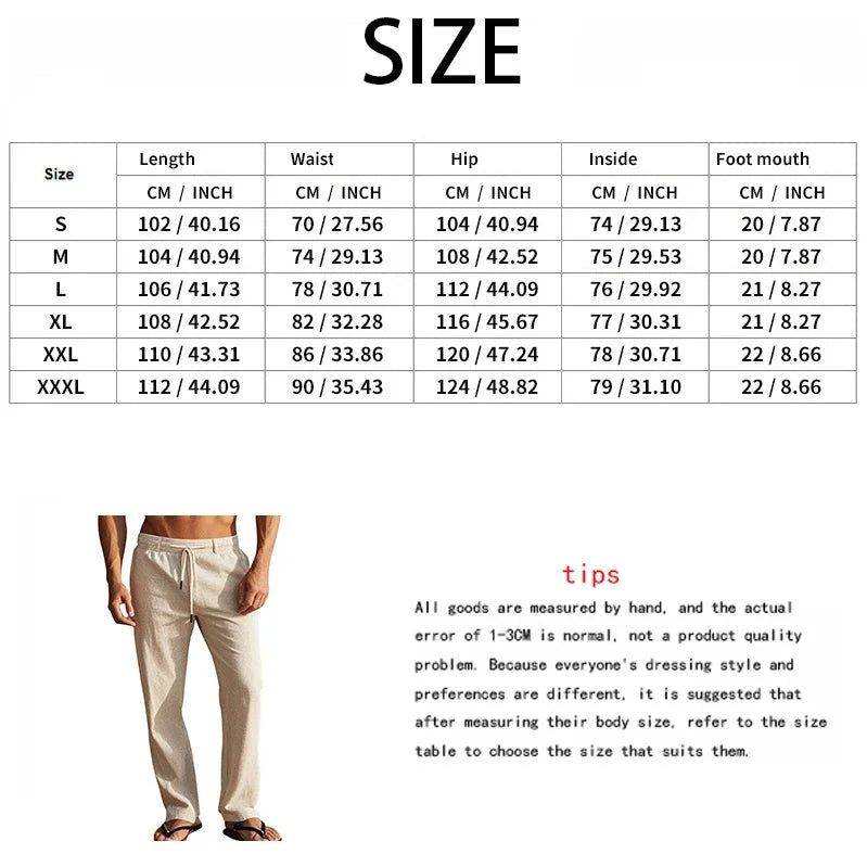 2024 drawstring men's simple fashion solid color casual cotton and linen straight trousers.