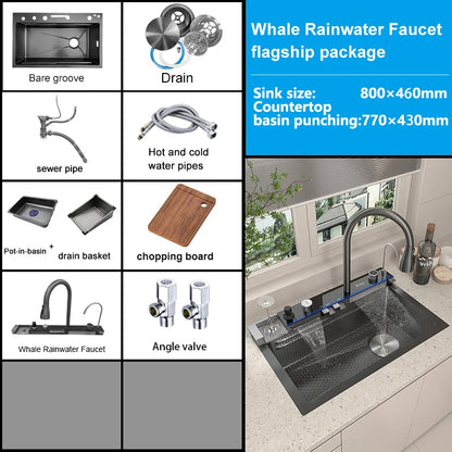 Stainless Steel Kitchen Waterfall Sink Embossed Digital Display Large Single Slot All-in-one Faucet Multi-functional Wash Bain