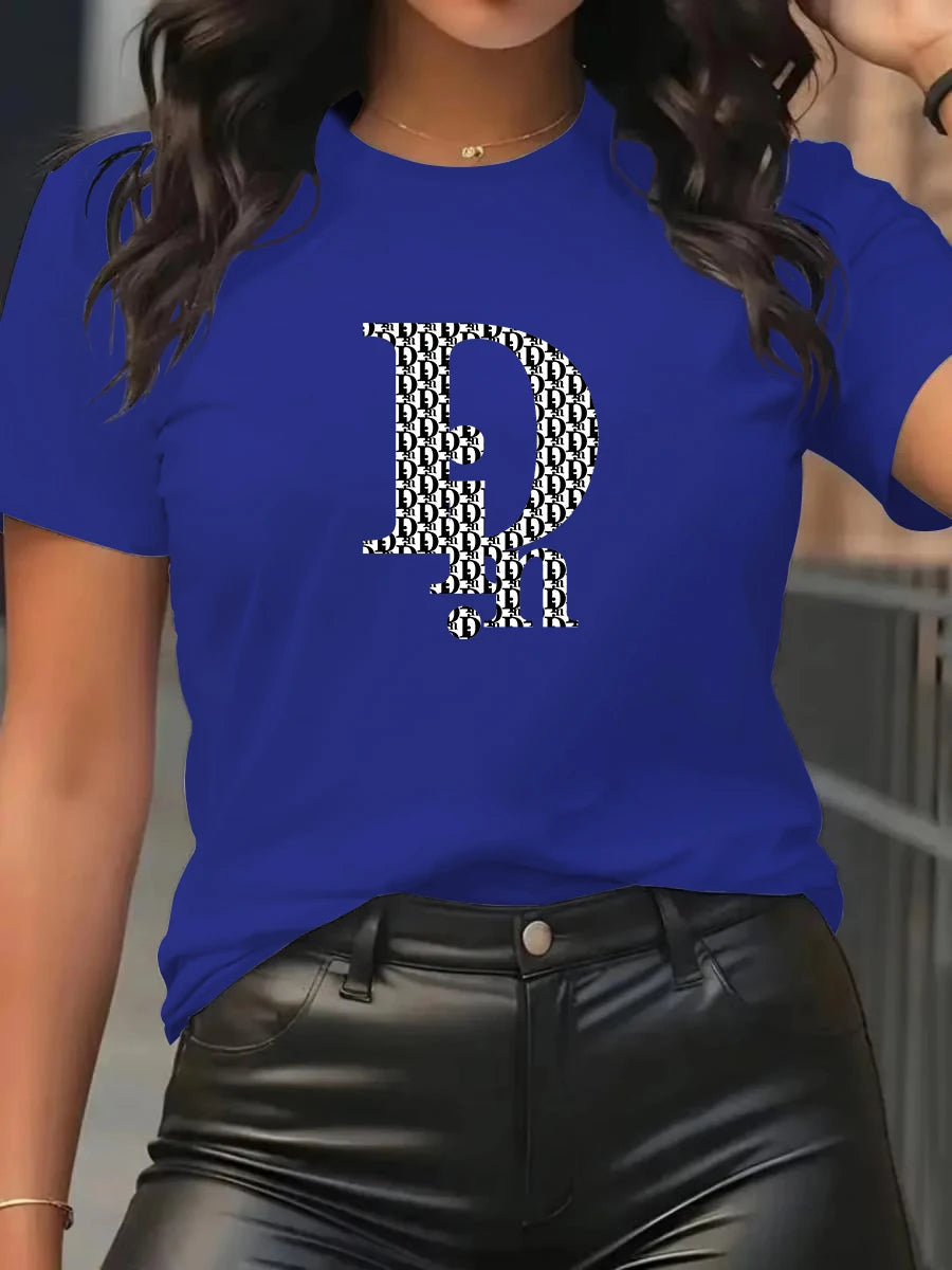 Din Women's T-Shirt Fashion Casual Crew Neck Short Sleeve Cotton Tees Tops Summer Streetwear Luxury Brand T-shirt.