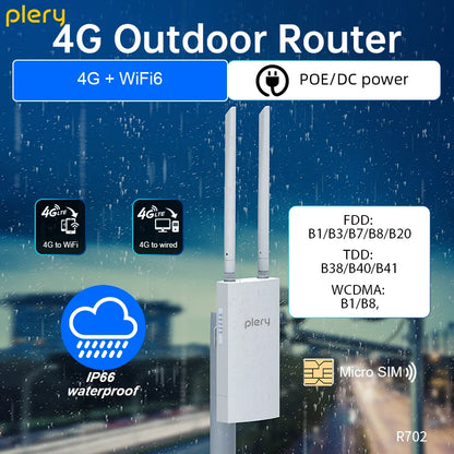 Plery IP66 CAT4 AX300 4G Router WiFi6 Outdoor Router For IP Camera/CPE 300Mbps Global LTE Router POE/DC Power 2*5dBi Antennas.