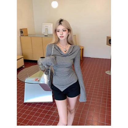 Spring Autumn Long Sleeve One Shoulder Short T Shirt Women Slim Fit Clavicle Irregular Design Unique Style Top Sweet Fresh.