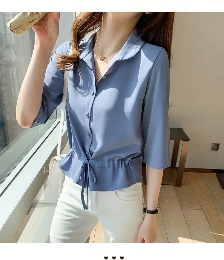 Summer Women All-match Solid Turn-down Collar Half Sleeve Chiffon Shirt Fashion Casual Shirring Single-breasted Blouses Female.